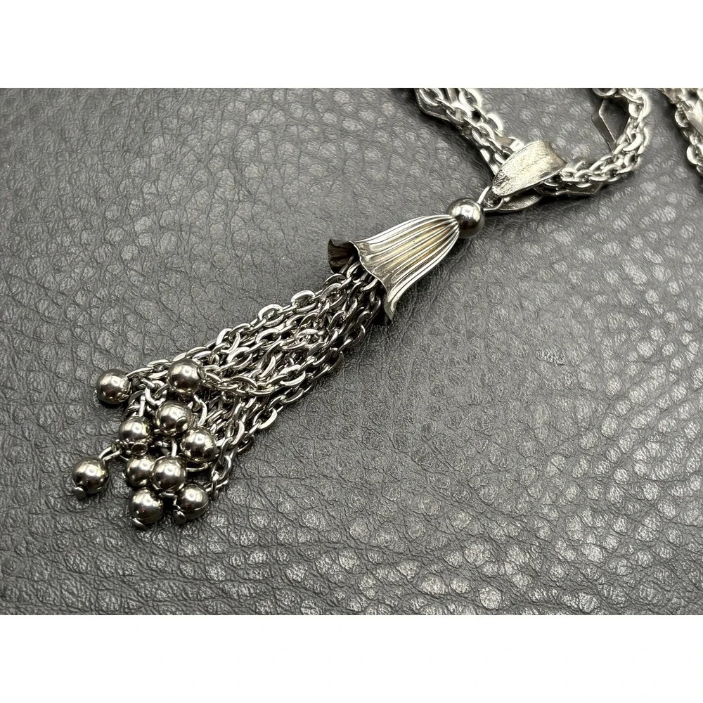Vintage Silver Tone Tassel Fringe Pendant Necklace Multi Strand Beaded Chain 22